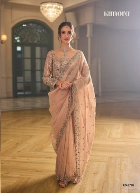 Peach Colour Iconic Vol 5 By Kimora Fancy Fabric Designer Beads Work Saree Ks 5786